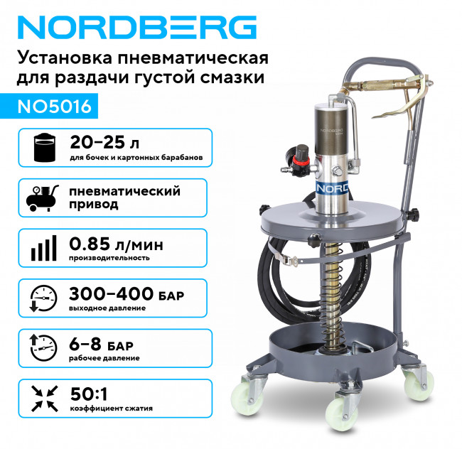 Установка пневматическая для раздачи густой смазки из бочек, 25 л NORDBERG NO5016 01-00005798