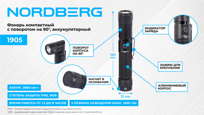 Фонарь светодиодный, компактный с поворотом на 90°, аккумуляторный NORDBERG 1905 01-00004680 Фонарь светодиодный, компактный с поворотом на 90°, аккумуляторный NORDBERG 1905 01-00004680