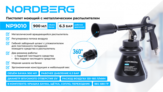 Пистолет моющий с пластиковым вращающимся распылителем NORDBERG NP9010 01-00005709 Пистолет моющий с пластиковым вращающимся распылителем NORDBERG NP9010 01-00005709