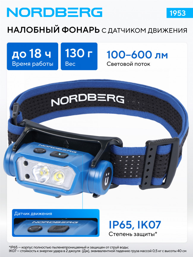 Фонарь светодиодный налобный, аккумуляторный, 3,7 В c датчиком движения NORDBERG 1953 01-00017483 Фонарь светодиодный налобный, аккумуляторный, 3,7 В c датчиком движения NORDBERG 1953 01-00017483