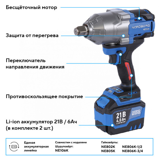 Гайковерт аккумуляторный, 3/4", 21 В, 1500 Нм, 2 аккумулятора 6 A и зарядное устройство, в кейсе NORDBERG NE806K-3/4 01-00008694 Гайковерт аккумуляторный, 3/4", 21 В, 1500 Нм, 2 аккумулятора 6 A и зарядное устройство, в кейсе NORDBERG NE806K-3/4 01-00008694