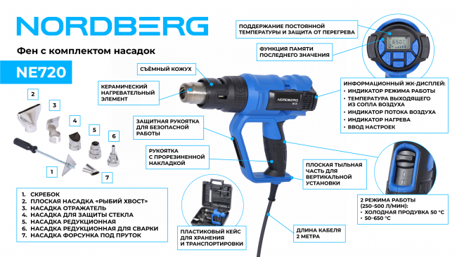 Фен с ЖК-экраном, 6 насадок, в кейсе, 50-650 °С, 2000 Вт NORDBERG NE720 01-00008460 Фен с ЖК-экраном, 6 насадок, в кейсе, 50-650 °С, 2000 Вт NORDBERG NE720 01-00008460