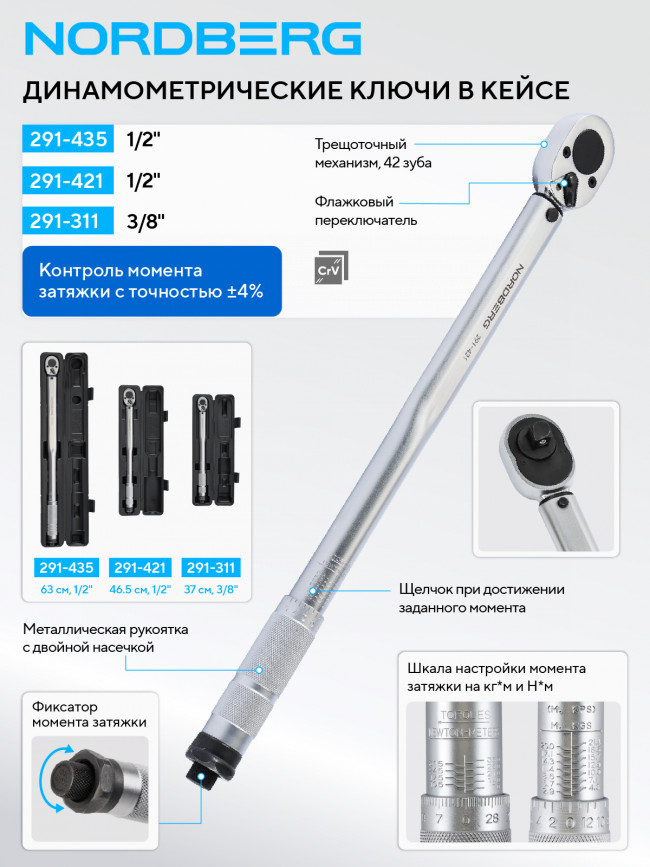 Ключ динамометрический 1/2", 28-210 Нм, в кейсе NORDBERG 291-421 01-00017907 Ключ динамометрический 1/2", 28-210 Нм, в кейсе NORDBERG 291-421 01-00017907