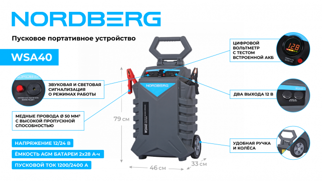 Пусковое устройство, мобильное 12/24 В, 2*28 А·ч NORDBERG WSA40 01-00008525 Пусковое устройство, мобильное 12/24 В, 2*28 А·ч NORDBERG WSA40 01-00008525