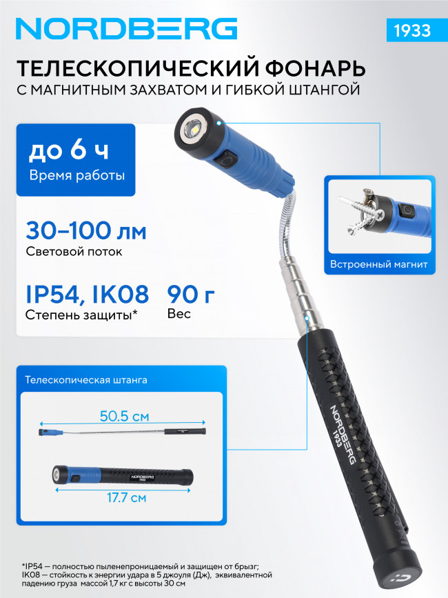Фонарь светодиодный гибкий, аккумуляторный, 3,7 В NORDBERG 1932 01-00002987 Фонарь светодиодный гибкий, аккумуляторный, 3,7 В NORDBERG 1932 01-00002987